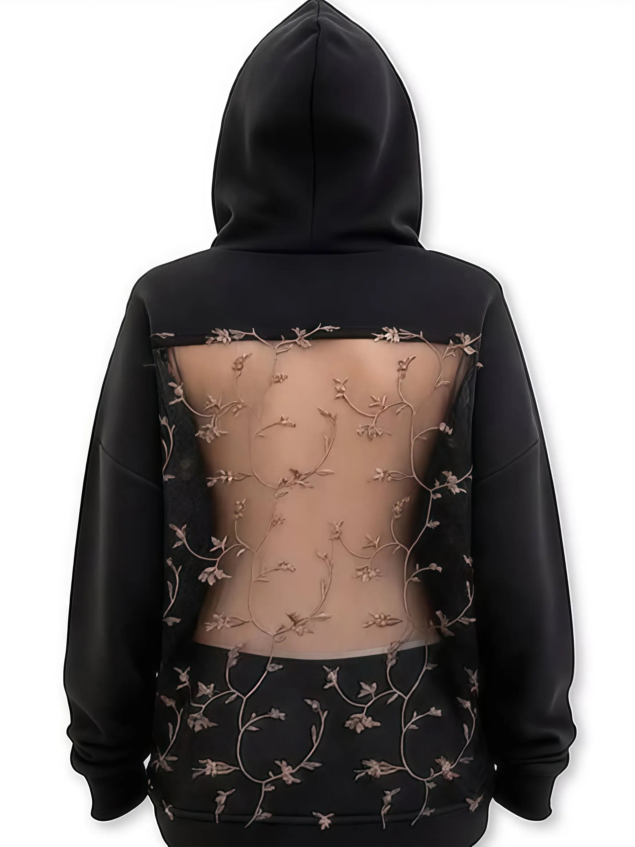 WOMEN'S CLOTHING EMBROIDERED FLORAL MESH BACKLESS HOODIE