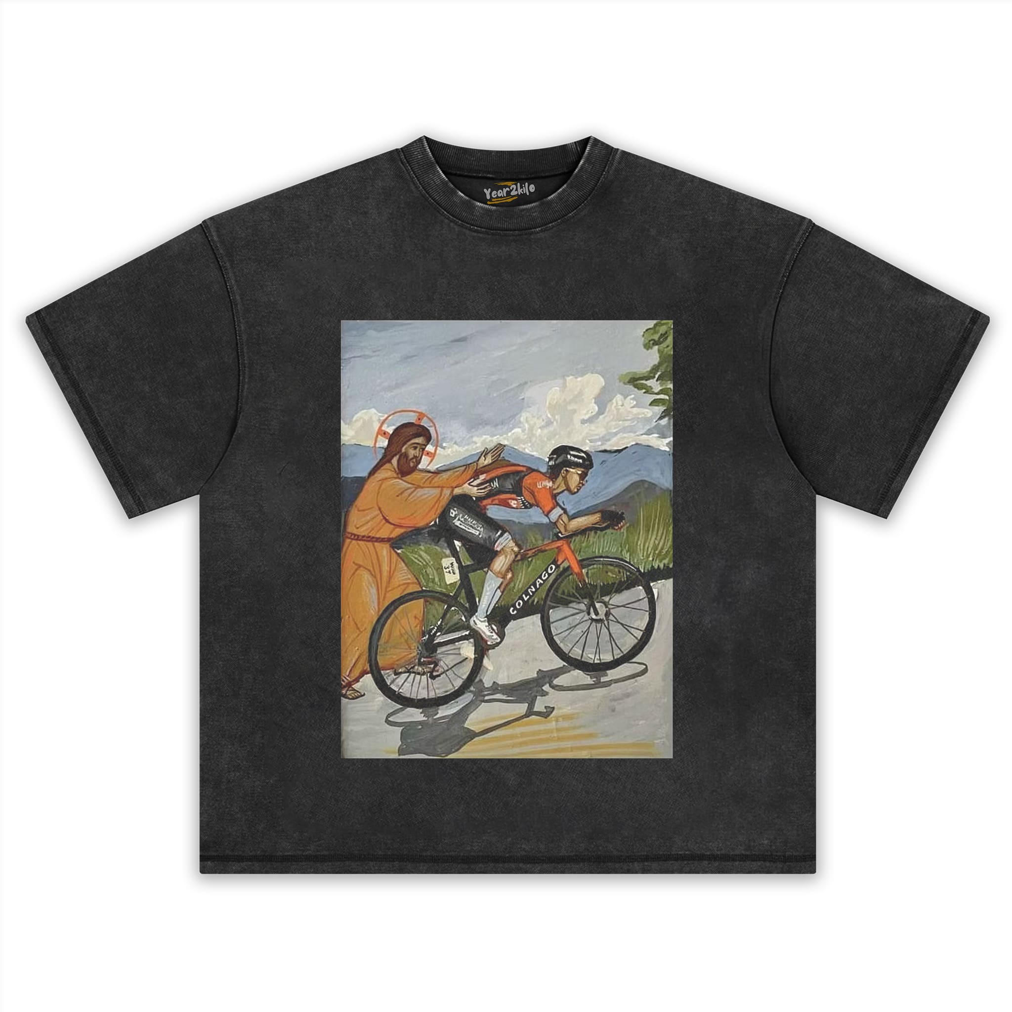 JESUS GIVES TADEJ POGAČAR A PUSH VINTAGE CYCLING ART FUNNY TANK TOP & TEE & LONG SLEEVE & LAYERED LS & HOODIE