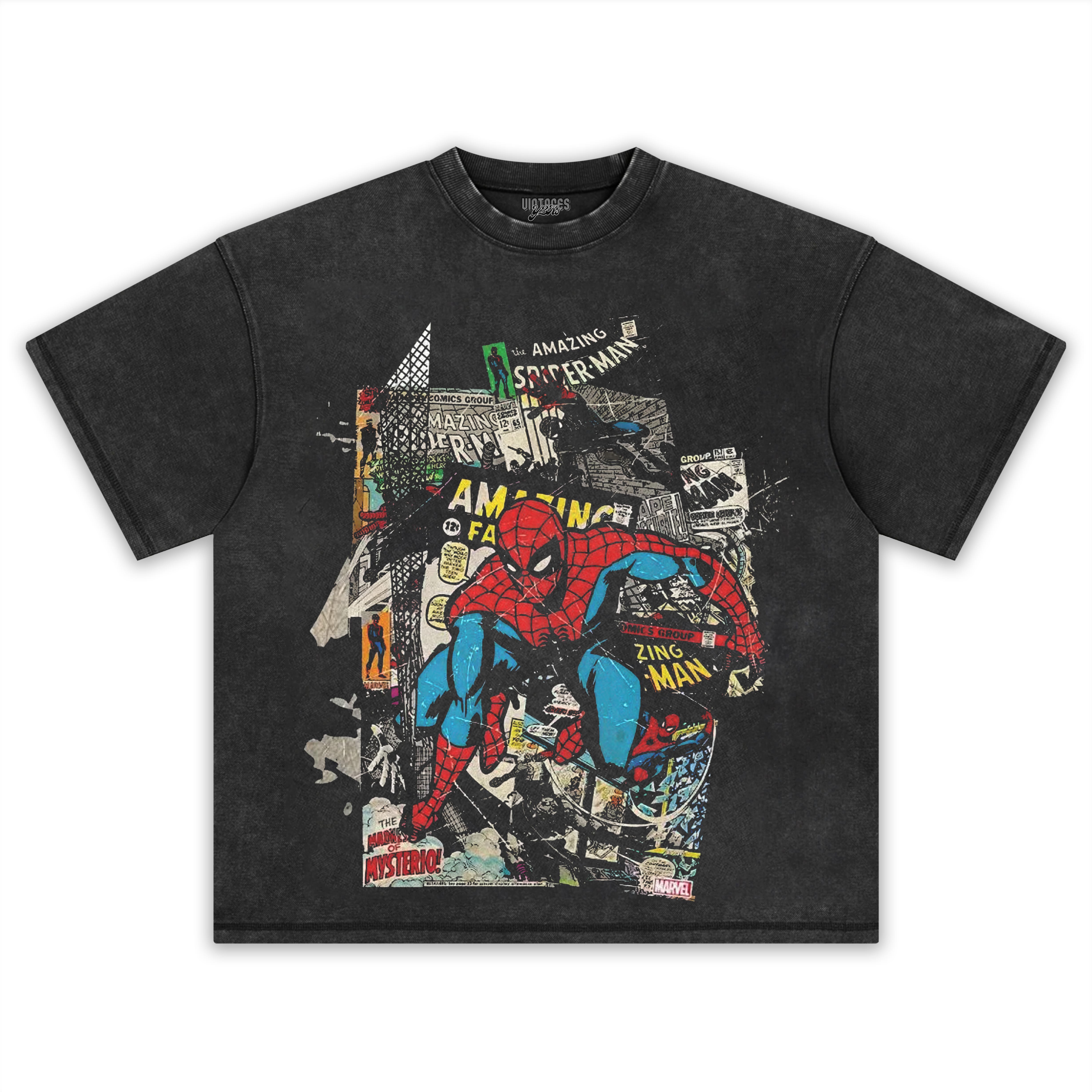VINTAGE WASHED MARVEL SPIDER MAN COMIC COLLAGE TEE & LS & HOODIE