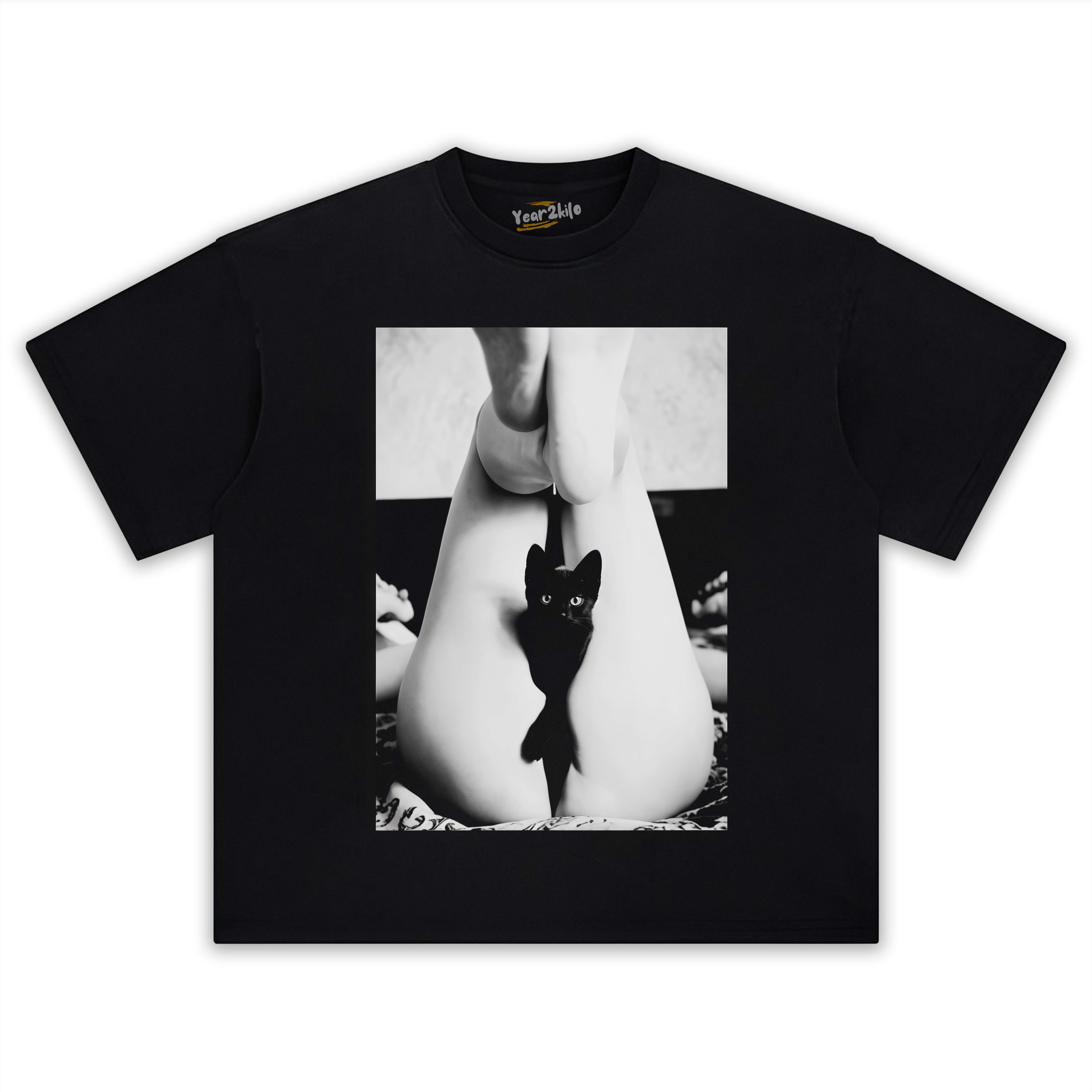 A CAT EMERGED FROM THE WOMAN'S LEGS TEE