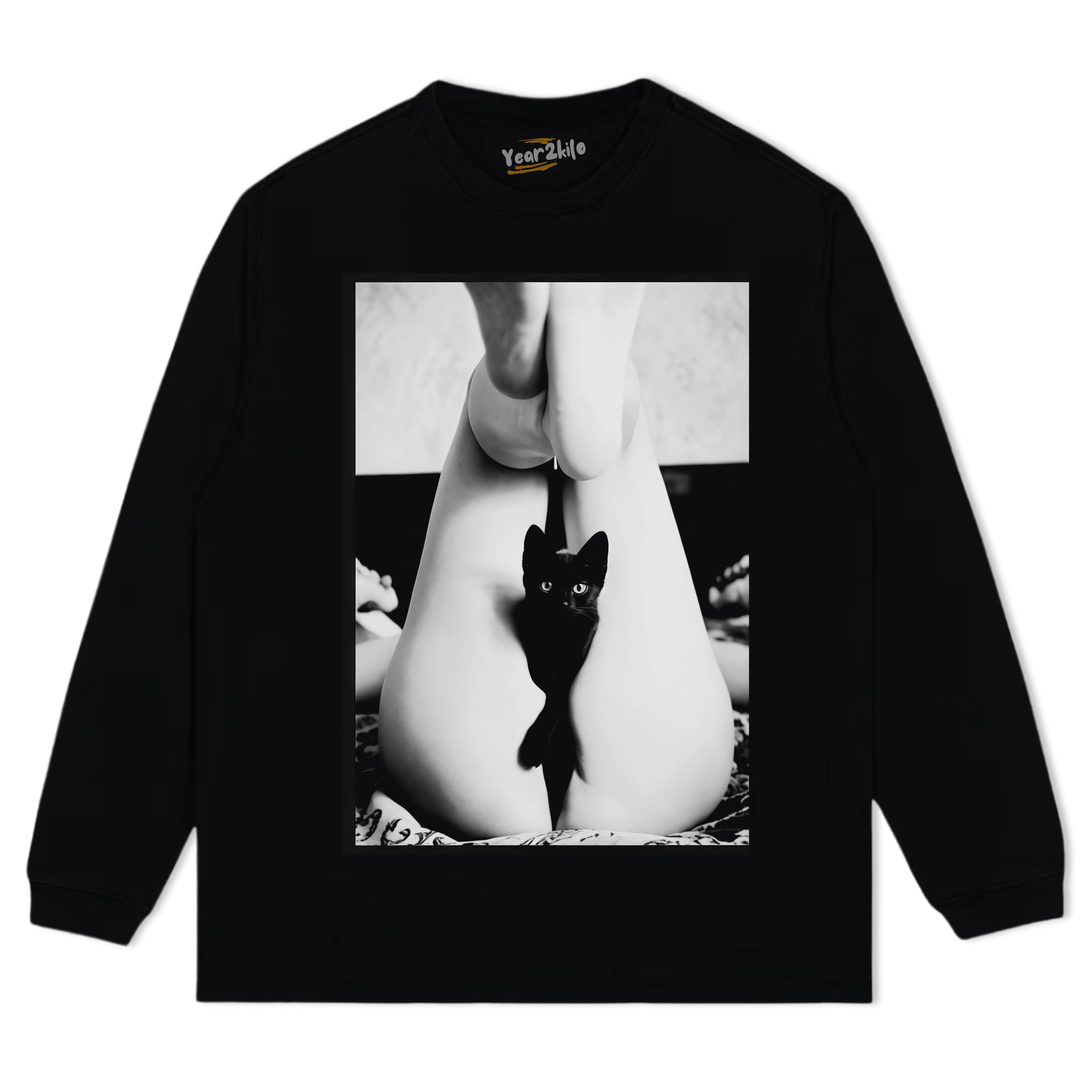 A CAT EMERGED FROM THE WOMAN'S LEGS TEE