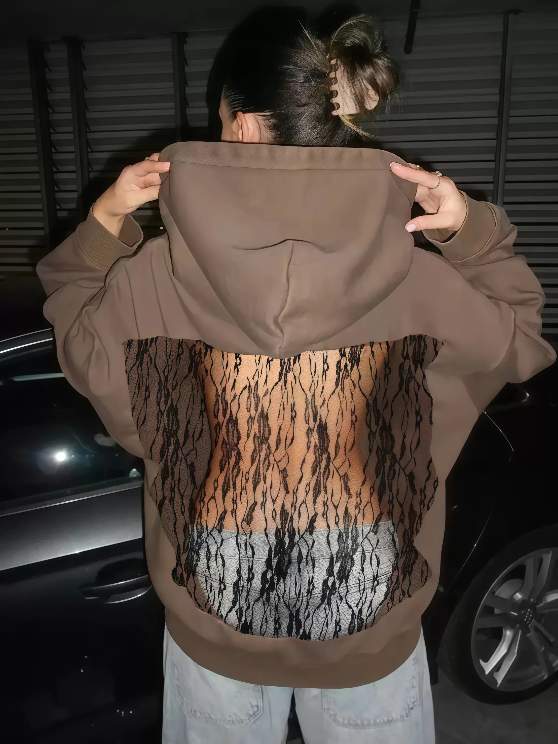 WOMEN'S CLOTHING BACKLESS CUTOUT MESH LACE BACK HOODIE