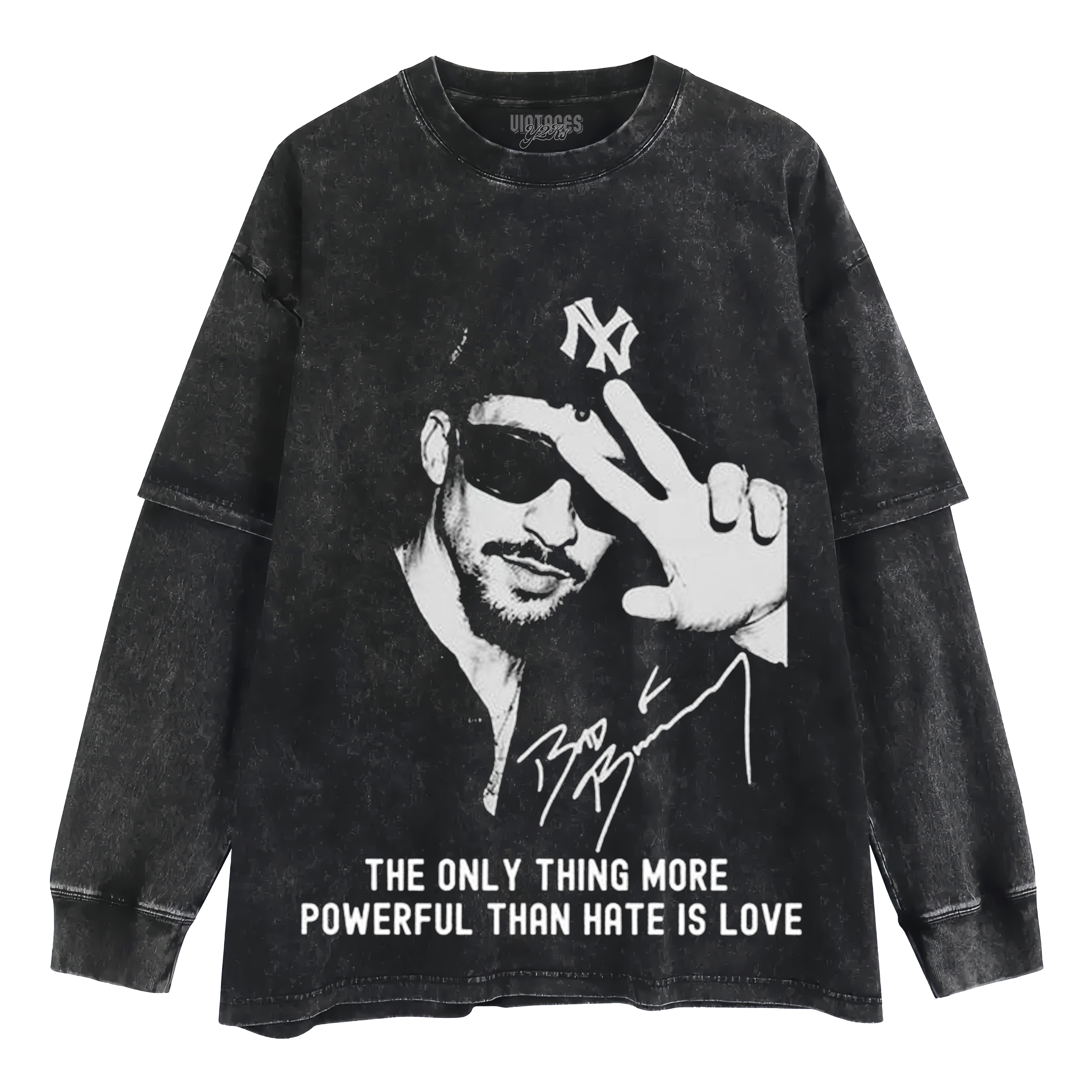 BAD BUNNY - THE ONLY THING MORE POWERFUL THAN HATEIS LOVE LAYERED LONG SLEEVE