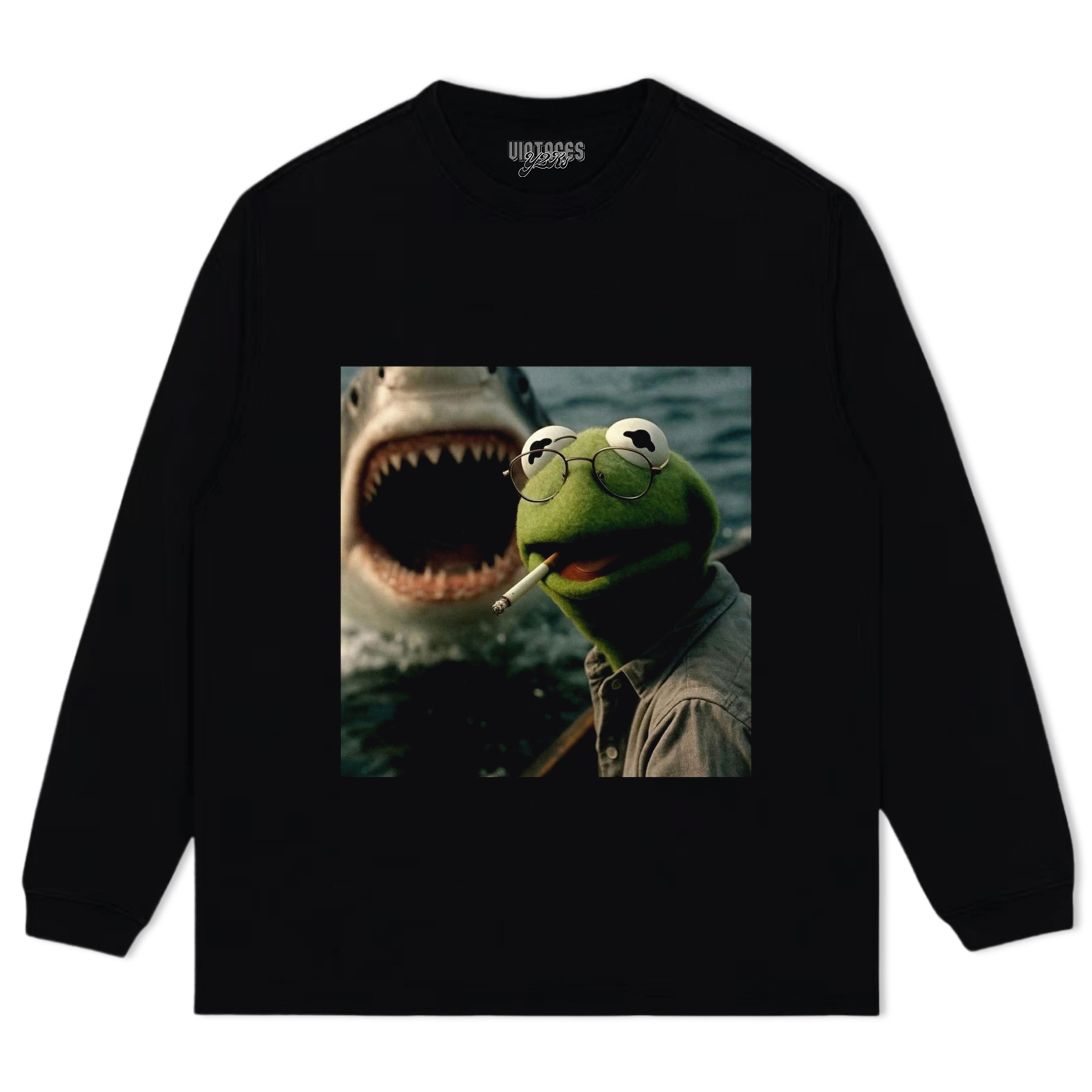 CHILL FROG PUPPET SMOKING WITH GIANT SHARK MEME TEE & LS & HOODIE