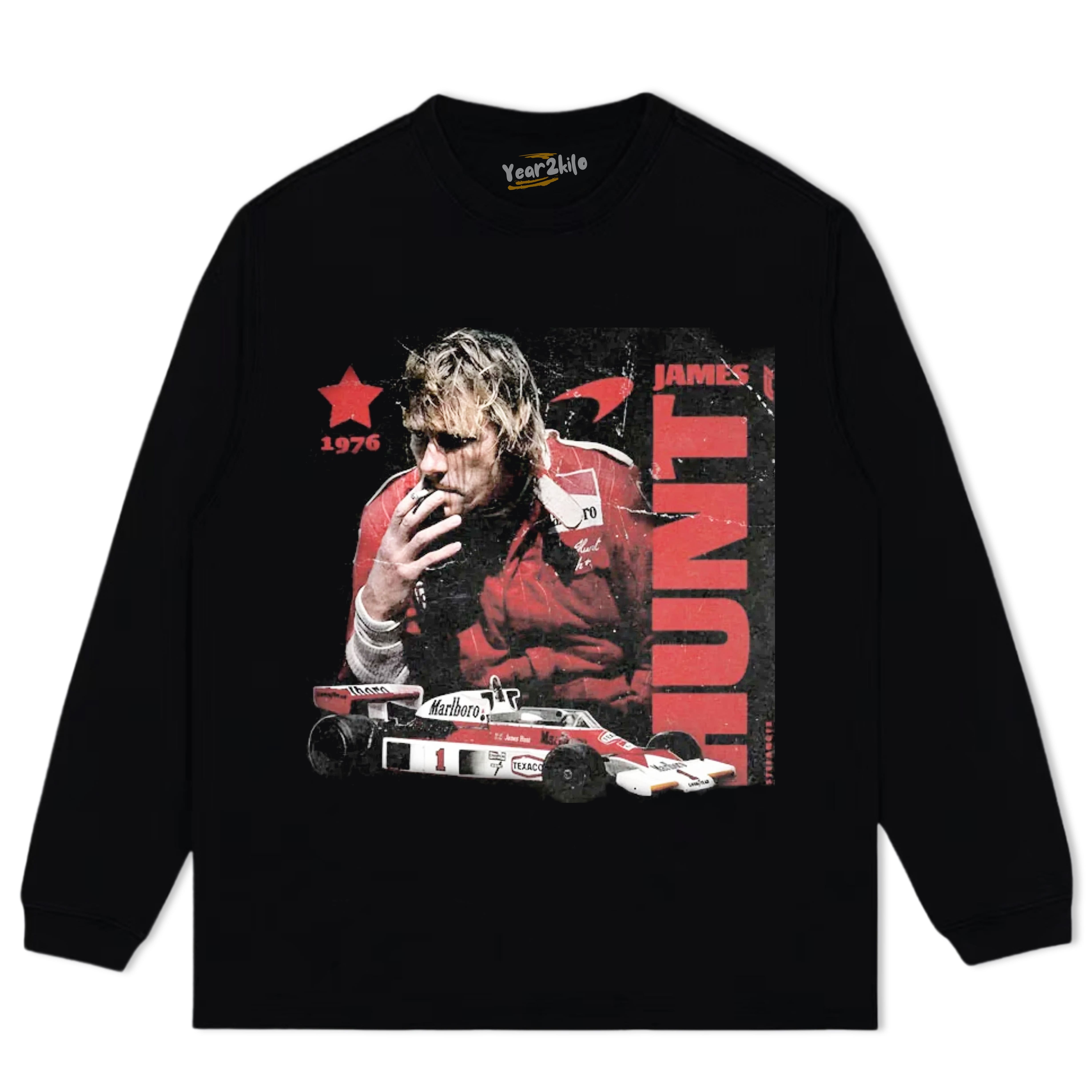 F1 LEGEND JAMES HUNT 1976 VINTAGE COTTON TANK TOP & TEE & LONG SLEEVE & LAYERED LS & HOODIE