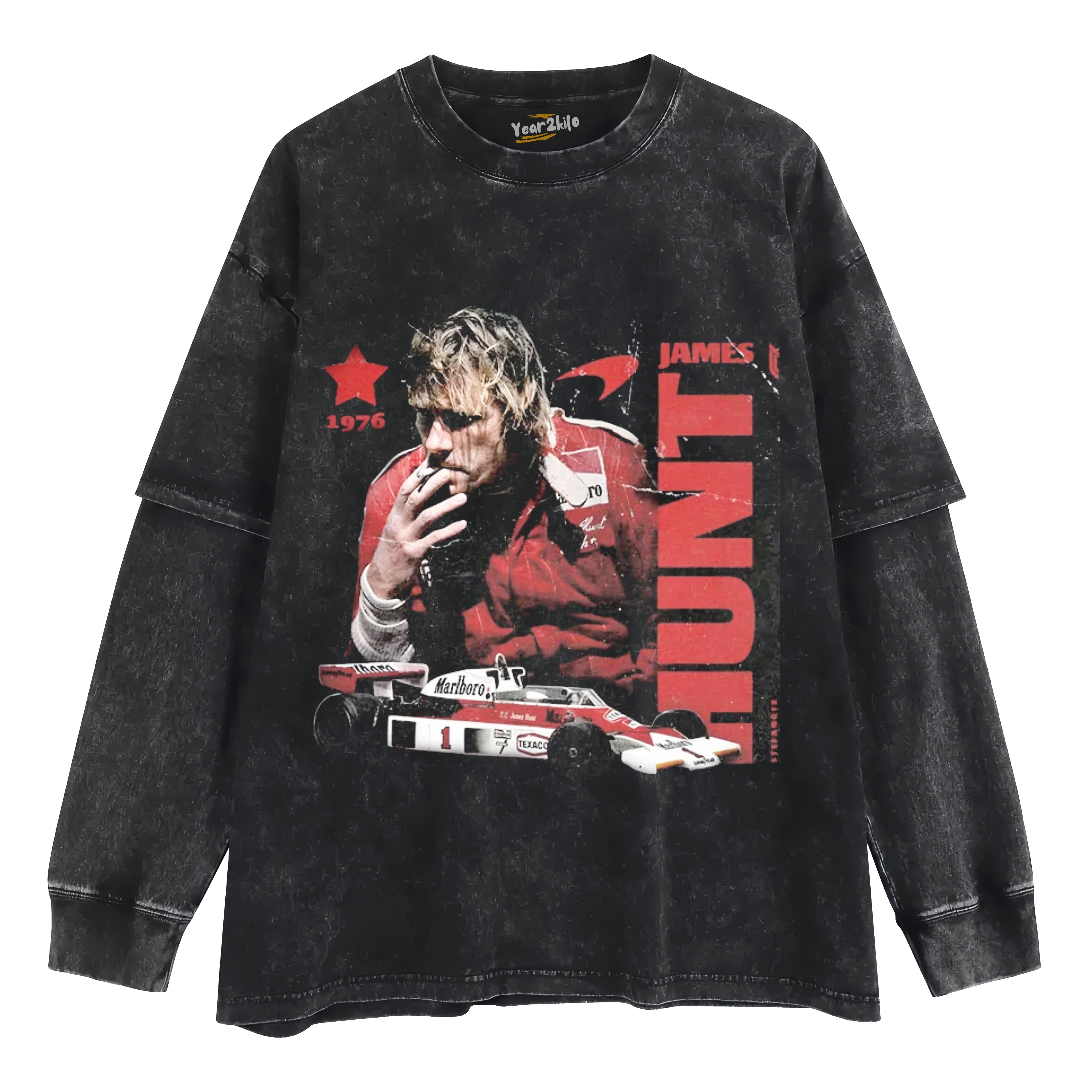 F1 LEGEND JAMES HUNT 1976 VINTAGE COTTON TANK TOP & TEE & LONG SLEEVE & LAYERED LS & HOODIE