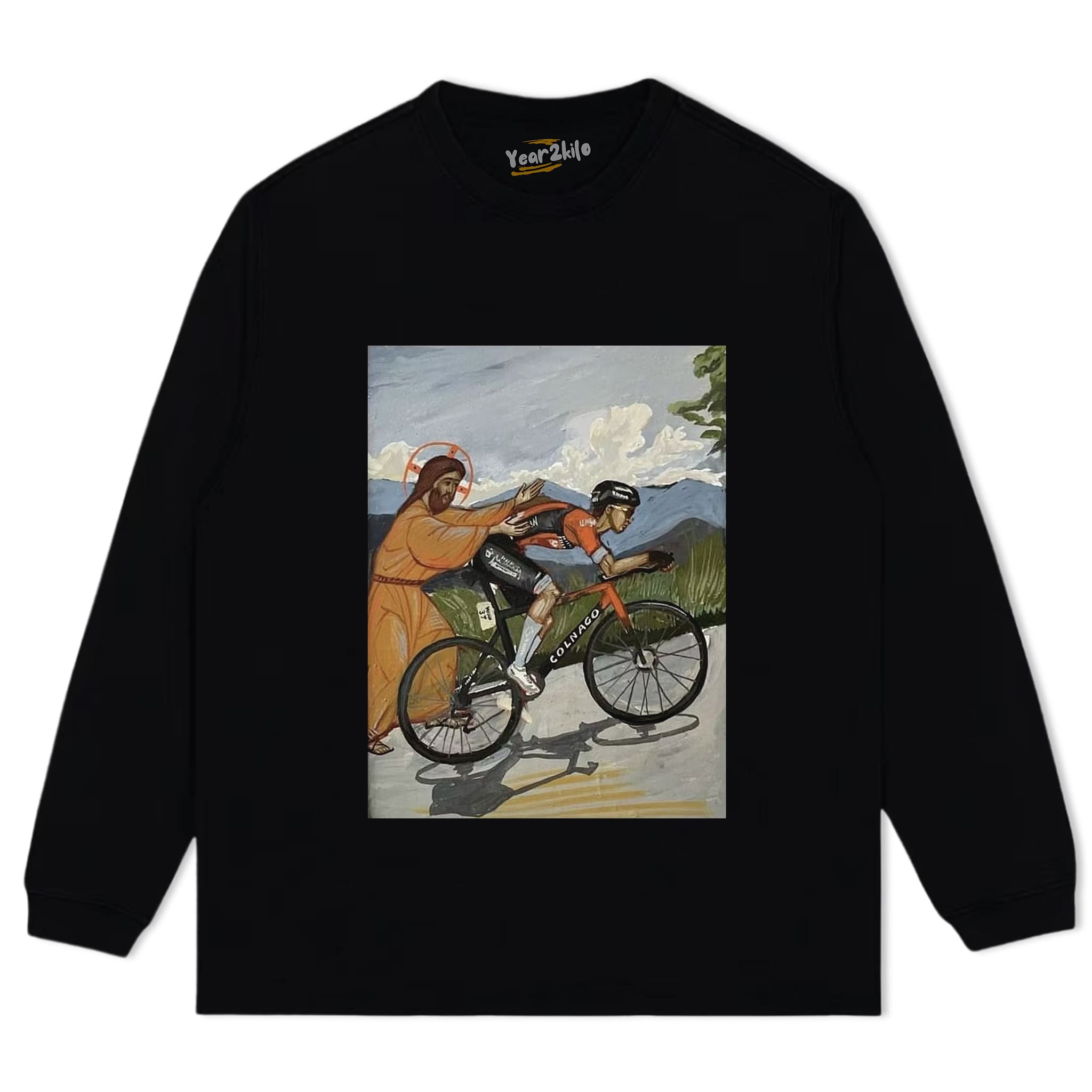 JESUS GIVES TADEJ POGAČAR A PUSH VINTAGE CYCLING ART FUNNY TANK TOP & TEE & LONG SLEEVE & LAYERED LS & HOODIE