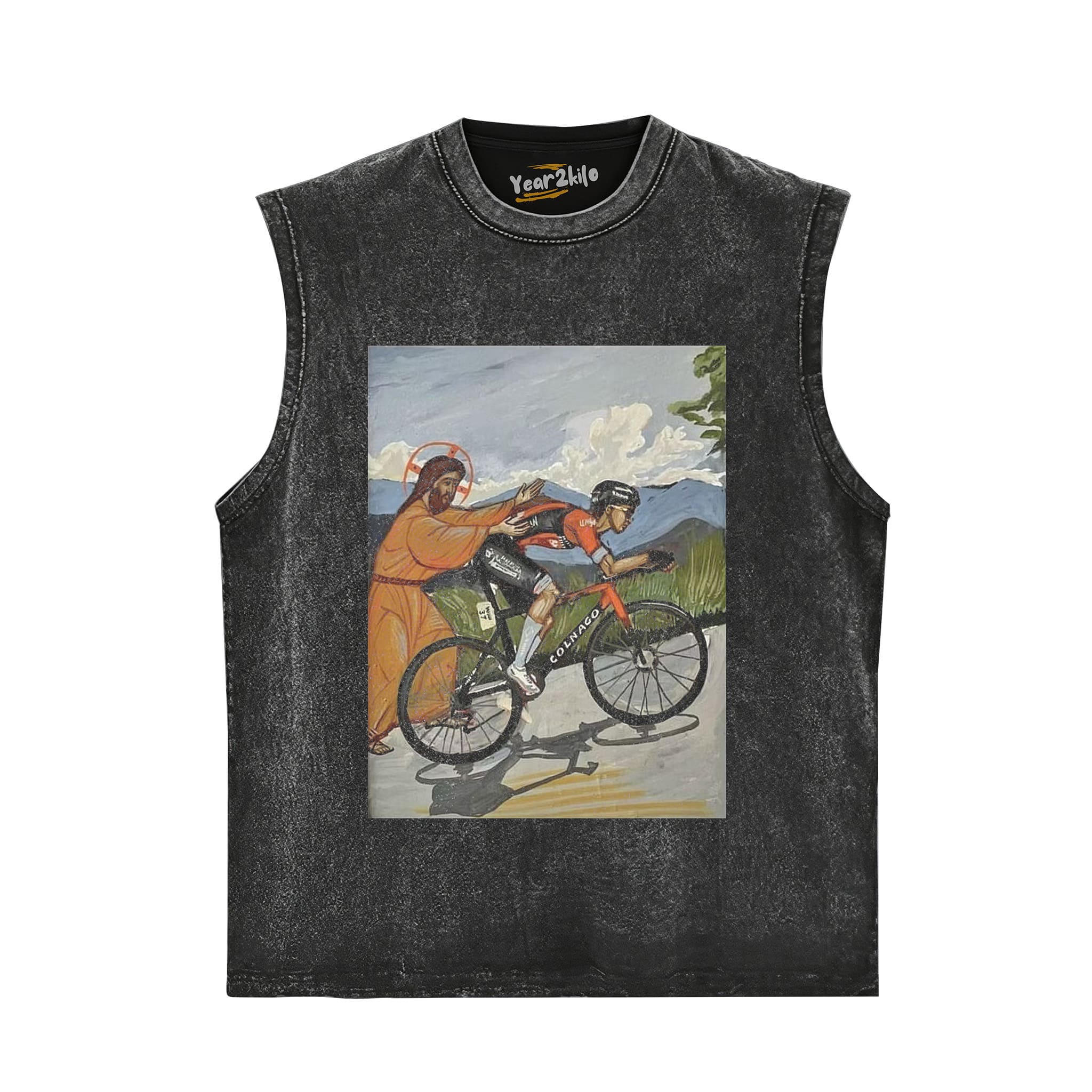 JESUS GIVES TADEJ POGAČAR A PUSH VINTAGE CYCLING ART FUNNY TANK TOP & TEE & LONG SLEEVE & LAYERED LS & HOODIE