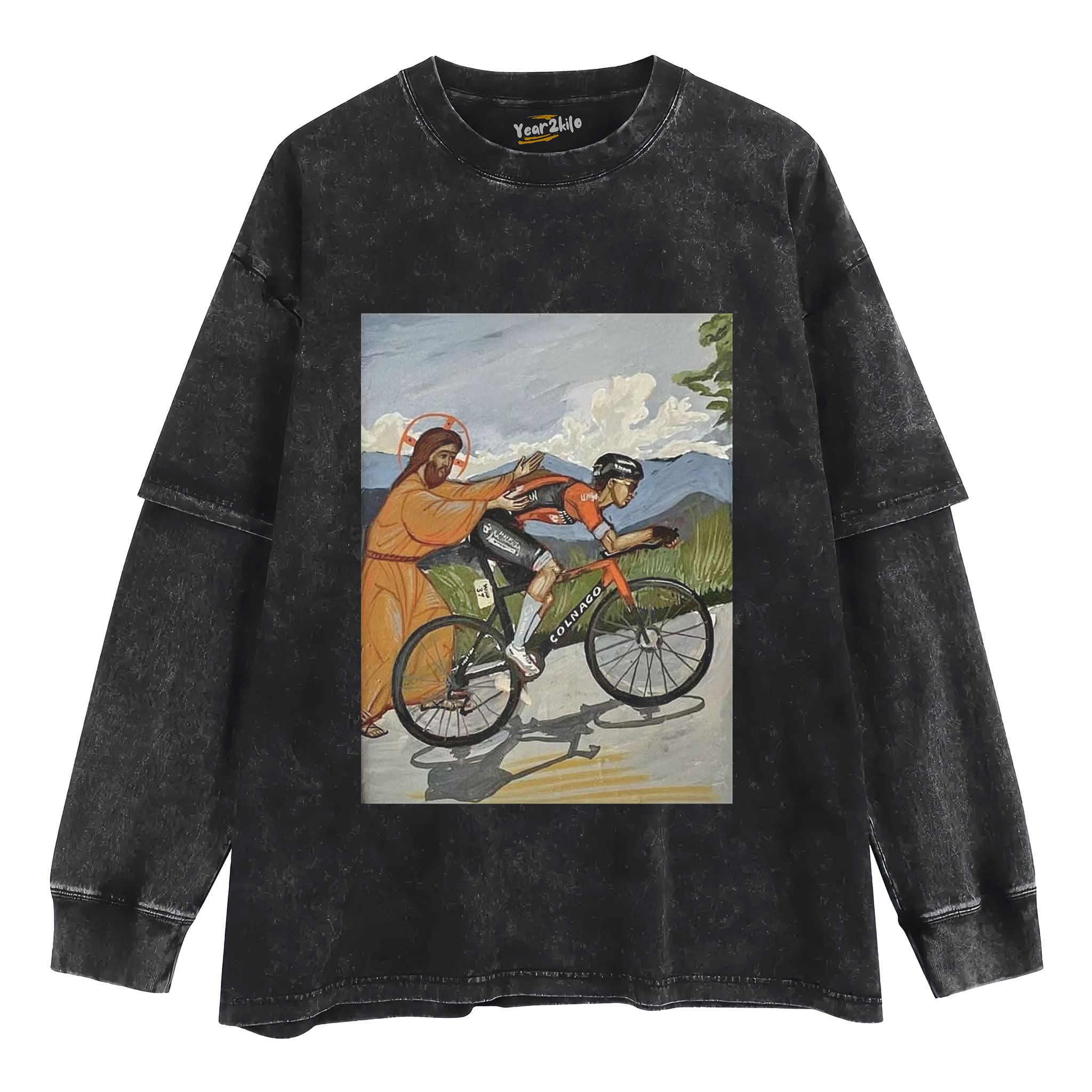 JESUS GIVES TADEJ POGAČAR A PUSH VINTAGE CYCLING ART FUNNY TANK TOP & TEE & LONG SLEEVE & LAYERED LS & HOODIE