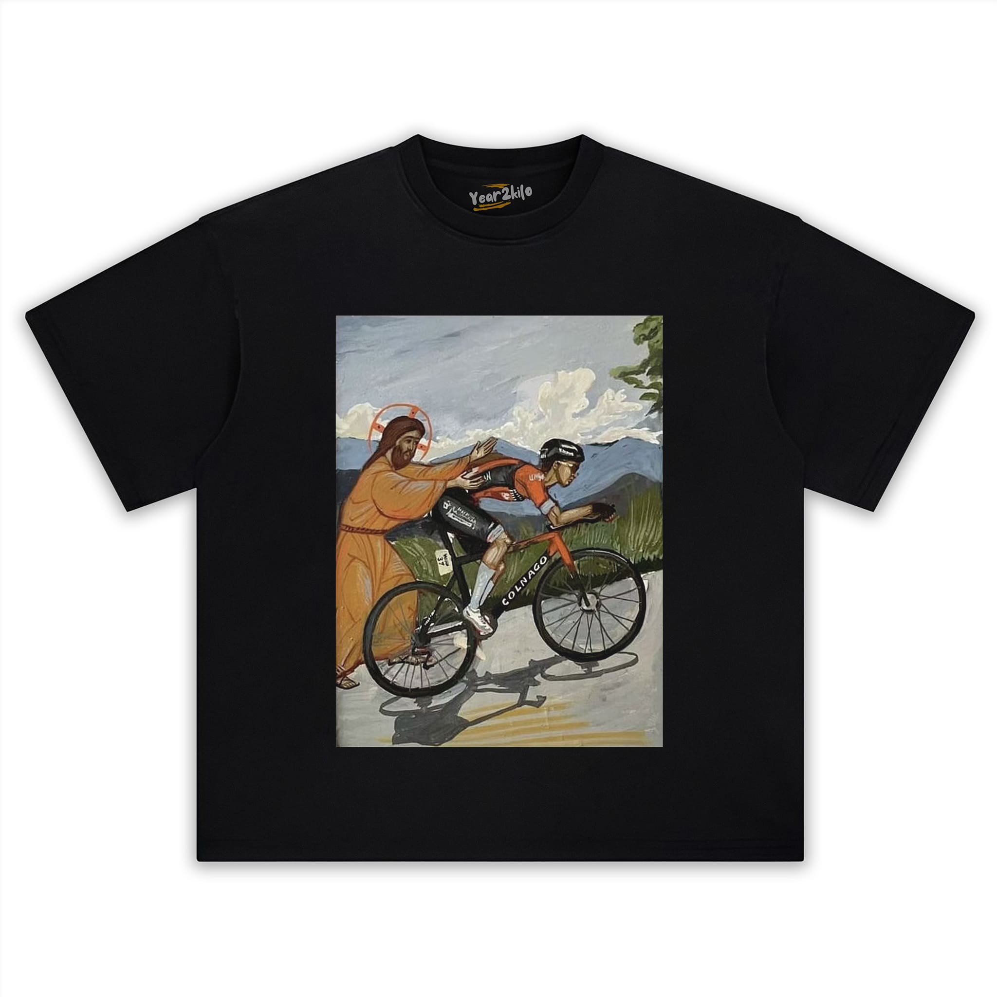 JESUS GIVES TADEJ POGAČAR A PUSH VINTAGE CYCLING ART FUNNY TANK TOP & TEE & LONG SLEEVE & LAYERED LS & HOODIE