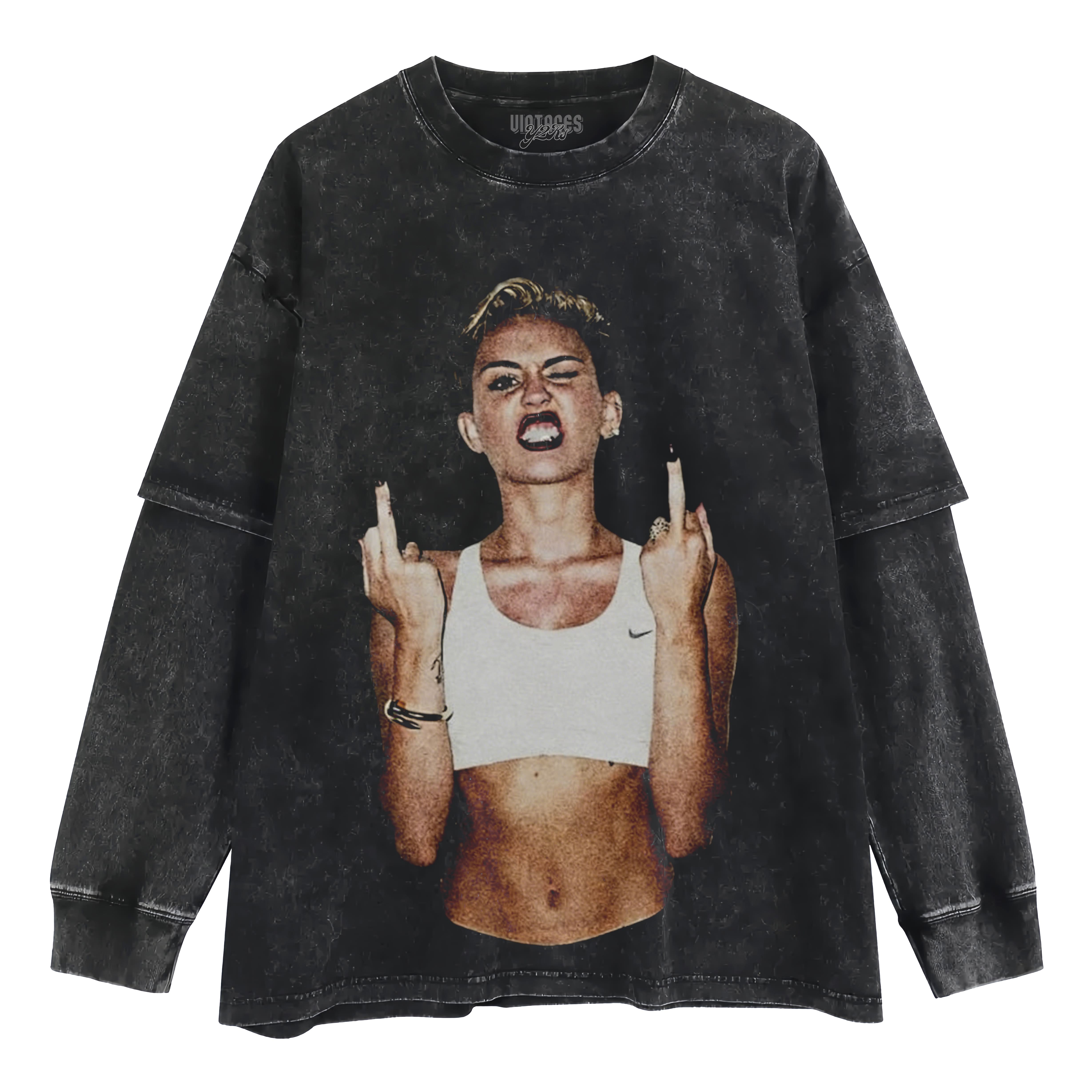 VINTAGE MILEY CYRUS JONES FLIPPING THE BIRD LAYERED LONG SLEEVE